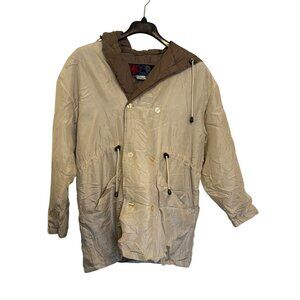 Moda International Beige Silk Hooded Jacket Women M Double Breasted Pockets Ligh